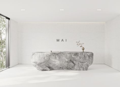 M A I on Behance Stone Front Reception Desk, Natural Stone Reception Desk, Stone Reception Desk Design, Rock Reception Desk, Stone Reception Counter, Stone Reception, Stone Reception Desk, Stone Desk, Stone Counter