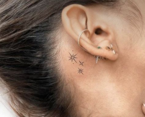 Stars Tattoo Behind Ear, 5 Stars Tattoo, Star Tattoos Behind Ear, Tattoo Behind The Ear, Tattoo Stars, Small Wave Tattoo, Behind Ear Tattoos, Tattoo Behind Ear, Stars Tattoo