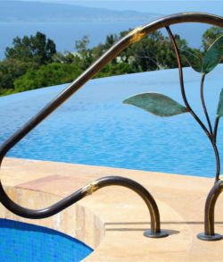 Hand Railings - Padilla Designs Swimming Pool Handrails, Pool Handrail Ideas, Handrail Ideas, Pool Handrail, Pool Rails, Garden Driveway, Main Gates, Handrail Design, Pool Remodel