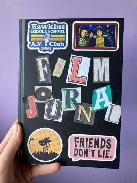 Journal Book Covers Ideas, Movie Journal Cover, Scrapbook Journal Cover Ideas, Journal Book Cover Ideas, Diary Ideas Creative Cover, Movie Scrapbook Ideas, Cover Scrapbook Ideas, Film Journal Cover, Scrapbook Cover Ideas Diy