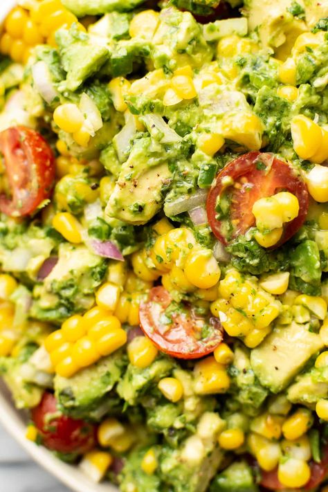 Avocado Corn Salad Salads With Corn In Them, Easy Summer Salads Simple, Recipes Using Fresh Corn, Lunch Sides For Sandwiches, Avocado Corn Salad, Picnic Salads, Corn Salad Recipe, Corn Salad, Picnic Food Ideas