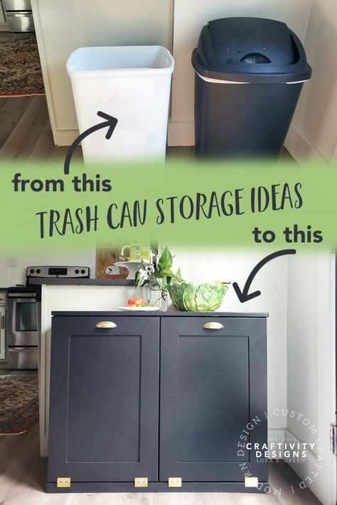 Trash Can Cabinet Diy, Trash Can Storage Kitchen, Can Storage Ideas, Tilt Out Trash Can Cabinet, Kitchen Recycling, Cabinet Trash, Recycling Bins Kitchen, Trash Can Storage, Trash Storage