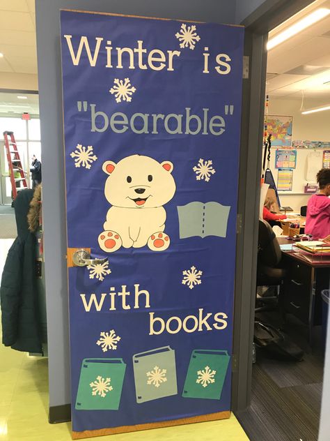 Winter Library Door Ideas, Winter Themed Library Bulletin Boards, Elementary Library Christmas Decorations, December Library Bulletin Board Ideas, Christmas Reading Bulletin Board, Library Holiday Decorations, December Book Display, Library Christmas Door Decorations, Winter Bulletin Boards For Library