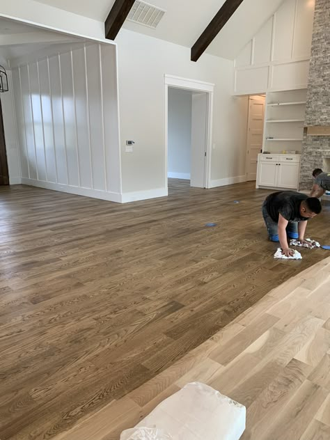 Hardwood Floors Colors Living Room, Medium Stain Wood Floors, Medium Colored Wood Floors, Bona Driftwood Stain On Red Oak, Stain On Pine Floors, Medium Brown Stain On Red Oak, Refinished Hardwood Floors Stains, Stained White Oak Floors, Stained Hardwood Floors Before And After