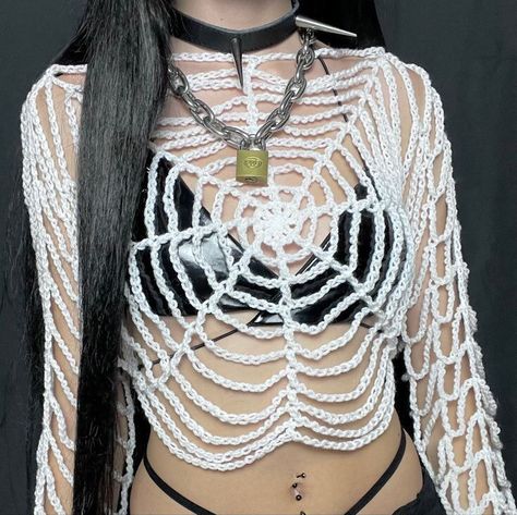 Crochet Cobweb Top, Rave Crochet, Edc Fits, Emo Grunge Aesthetic, Crochet Gothic, Melanie Concert, Crochet Spooky, Orb Weaver Spider, Spiderweb Dress