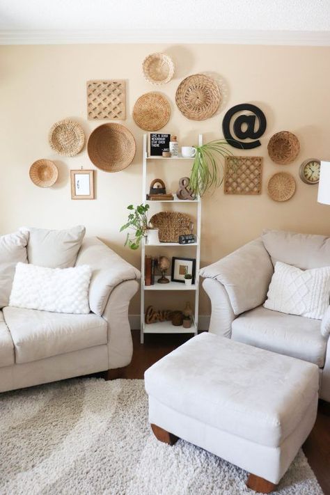 Learn how to create a basket wall!  These gallery walls add a wonderful textural element to nearly all of the spaces in my home. Gallery Wall Tutorial, Basket Gallery Wall, Basket Walls, Basket Display, Gallery Wall Hanging, Galvanized Metal Wall, Hanging Wall Baskets, Woven Wall Baskets, Gallery Wall Ideas