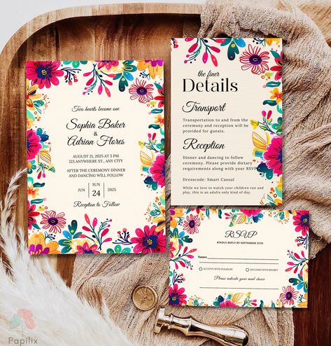 This invitation set features vibrant and festive colors inspired by Mexican Talavera tiles, perfect for a lively fiesta-themed wedding. Adorned with bright reds, blues, and yellows in a boho folk art style, this set brings a joyful and energetic vibe to your special day. The floral patterns and colorful design elements create a warm and inviting atmosphere, setting the tone for a memorable celebration. TRY BEFORE YOU PURCHASE Copy the link and paste it into your browser.   DEMO Link: https://www Mexican Theme Wedding Invitations, Mexican Theme Wedding, Mexican Wedding Invitations, Fiesta Wedding, Fiesta Theme, Destination Wedding Mexico, Invitations Diy, Foil Invitations, Mexican Wedding