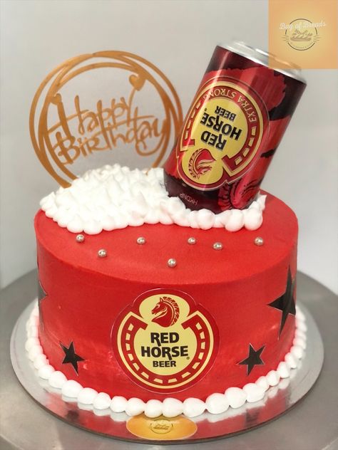 Redhorse Beer Cake Design, Red Horse Cake Design, Beer Cake Design For Men, Alcohol Themed Cakes For Men, Red Horse Cake, Horse Cake Design, Happy Birthday Beer Cake, Kue Ulta, Beer Cakes For Men