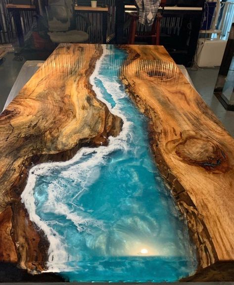 Resin Tables With Wood, River Rock Table, Resin Wood Tables, Liquid Glass Epoxy, Resin Wood Projects, Rock Table, Ocean Table, Dining Table Rectangular, Agate Decor