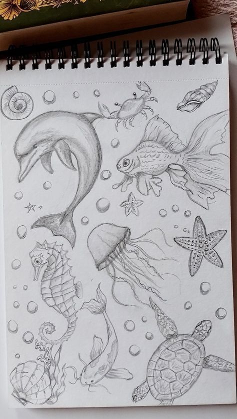 Depth Drawing Ideas, Sea Pencil Drawing, Drawing Ideas Sea, Ocean Sketches, Sea Animal Drawings, Sea Animals Drawing, Ocean Drawing Ideas, Ocean Sketch, Sea Sketch