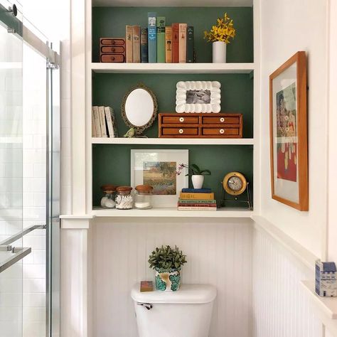 How To Paint Behind A Toilet, Green Bathroom Ideas, Painted Floorboards, Half Painted Walls, Dado Rail, Striped Walls, Green Curtains, Brown Furniture, Green Tile