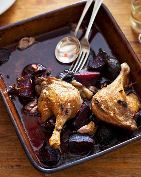 Orange and star anise duck on roasted beetroot 4 duck marylands 10 pepperberries (see Note) or whole black peppercorns 6 star anise, broken ½ orange, zested 60 ml (¼ cup) dry white wine 10 garlic cloves, unpeeled 4 beetroot, trimmed, peeled 2 tbsp olive oil 1 bunch sage leaves 2 tbsp thyme, chopped Cooked Goose, Beetroot Recipe, Roasted Beetroot, Beetroot Recipes, Sbs Food, Roast Duck, Duck Recipes, Orange Recipes, Virginia Woolf