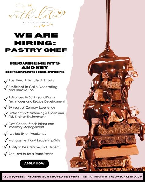 “WE ARE HIRING” 🎉 . Cheers to career opportunities at With Love Cakery! We are hiring the following positions: • Full Time Baker • Part Time Pastry Chef To apply, email your resume, application letter, photo ID and portfolio of work to info@withlovecakery.com. Kindly address the subject of the email with the position that you are applying for. Application deadline: August 26,2024 at 6:00 PM . . #BarbadosCareers #BakerPositionAvailable #PastryChefPositionAvailable #WeAreHiring . @bo... Application Letter, Application Letters, We Are Hiring, Baking And Pastry, August 26, Pastry Chef, Career Opportunities, Part Time, Full Time