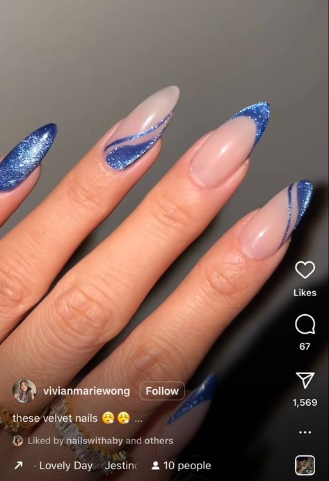 Blue Colour Nail Art, Indigo Prom Nails, Dark Blue Nails For Graduation, Blue Prom Nails Almond, Sapphire Nails Acrylic, Royal Blue Nails For Prom Almond, Nails For Blue Dress Prom, Prom Nails Blue Dress, Navy Blue And Silver Nails Prom