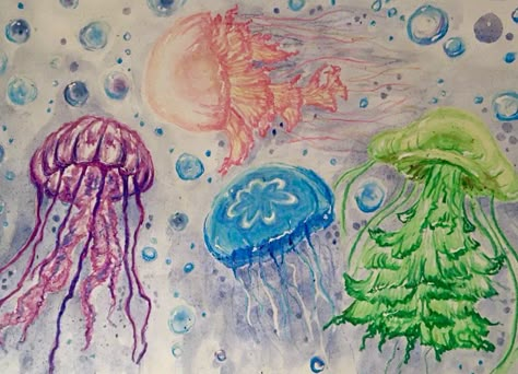 Oil Pastel Jellyfish, Draw Ocean, Jellyfish Art, Comic Book Art Style, Oil Pastel Art, Oil Pastel Drawings, Fish Drawings, Jelly Fish, Pretty Drawings