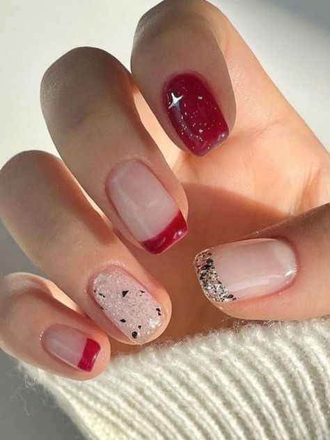 glitter red and silver combination Red Silver White Nails, Red Bridesmaid Nails, Red Tip French Manicure, Red Party Nails, Red Nails With Silver, White French Tips With Glitter, Milky White French, French Tips With Glitter, Basic Manicure