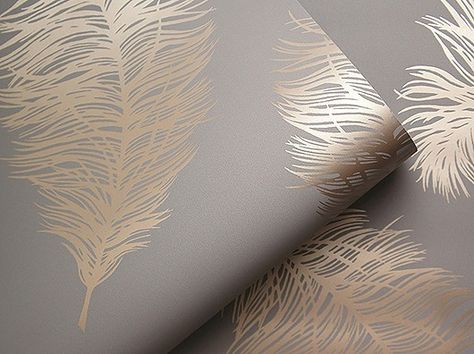 Prints On Wall, Grey And Gold Wallpaper, Wallpaper Diy, Diy Nativity, Feather Wallpaper, Rose Gold Wallpaper, Art Deco Bedroom, Smooth Wallpaper, Feature Wallpaper