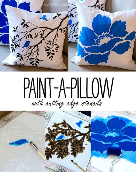 Paint-A-Pillow Sewing Pillows Ideas, Hand Painted Pillows, Bantal Sofa, Flowers Painted, Hand Painted Fabric, Sewing Pillows, Diy Pillows, Fabric Paint, Stencil Painting