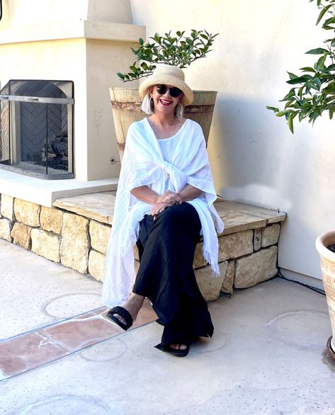 cindy hattersley wearing nicole-paloma,-linen-wrap,-helen-kaminski hat Helen Kaminski Hats, Cindy Hattersley, Long White Shirt, Hue Leggings, Helen Kaminski, Resort Wear For Women, Wearing Color, Summer Hats For Women, 50 Style