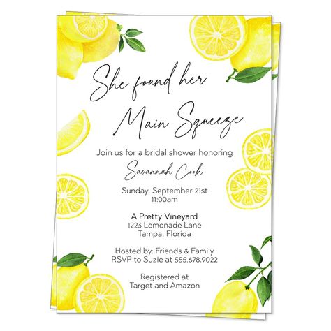 Main Squeeze Bridal Shower Lemon, Lemon Bridal Shower Theme, Lemons Wedding, Lemon Themed Bridal Shower, Spring Ball, Watercolor Lemon, Lunch Party, Main Squeeze, Bachelorette Party Themes