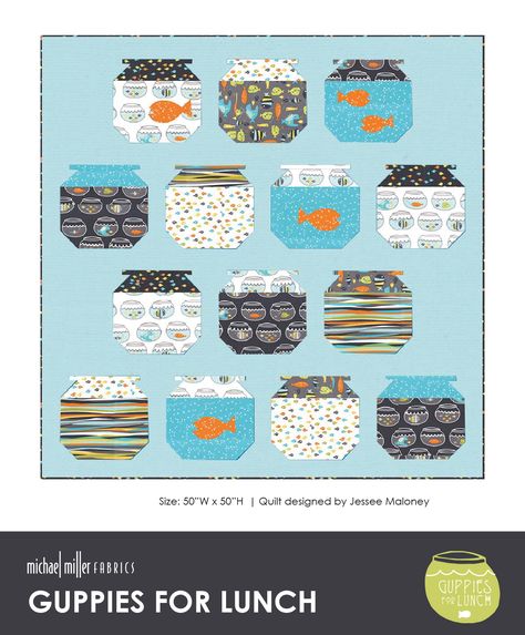 FREE+Quilt+Pattern+collaboration+with+Michael+Miller+Fabrics.+This+one+was+made+specifically+for+their+Guppies+For+Lunch+fabric+line+and+looks+great+as+intended+OR+in+their+Cotton+Couture+solids.+Your+choice.+#fishbowl+#fish Fish Quilt Pattern, All People Quilt, Quilt Blocks Easy, Fish Quilt, I Spy Quilt, Pdf Quilt Pattern, Quilt Block Tutorial, Boy Quilts, Michael Miller Fabric