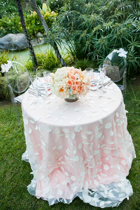 pretty table cover.  too much for me, but i like the idea of using lighter color over brighter with texture. Shabby Chic Wedding Decor, Wedding Peach, Flower Centerpiece, Chic Table, Pink Table, Tea Party Garden, Pretty Tables, Shabby Chic Wedding, Coral Peach