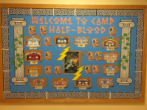 Welcome to Camp Half-Blood! This is my most recent bulletin board creation for our class novel "The Lightning Thief" (Percy Jackson and the Olympians, Book 1) Mythology Classroom Theme, Lightning Thief Activities, Percy Jackson Lightning Thief, Percy Jackson Birthday, Percy Jackson Party, Expeditionary Learning, Lightning Thief, Book Presentation, The Olympians