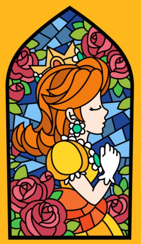 Mario Stained Glass Art, Princess Daisy Tattoo, Princess Daisy Pixel Art, Princess Peach Stained Glass Window, Princess Daisy Drawing, Princess Peach Painting, Princess Daisy Wallpaper, Daisy Mario Bros, Super Mario Daisy