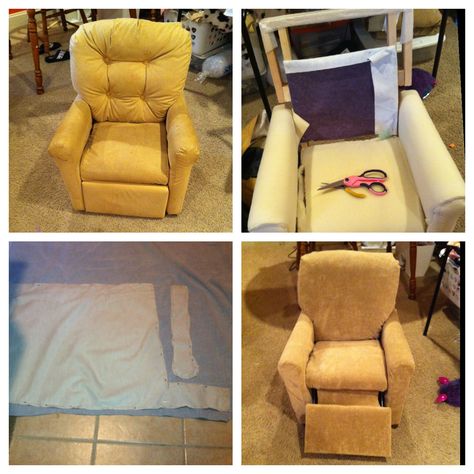 Reupholstered kid's recliner Toddler Recliner Chair, Playroom Area, Redoing Furniture, Small Recliners, Lazy Boy Recliner, Diy Furniture Upholstery, Kids Recliners, Chair Redo, Recliner Slipcover