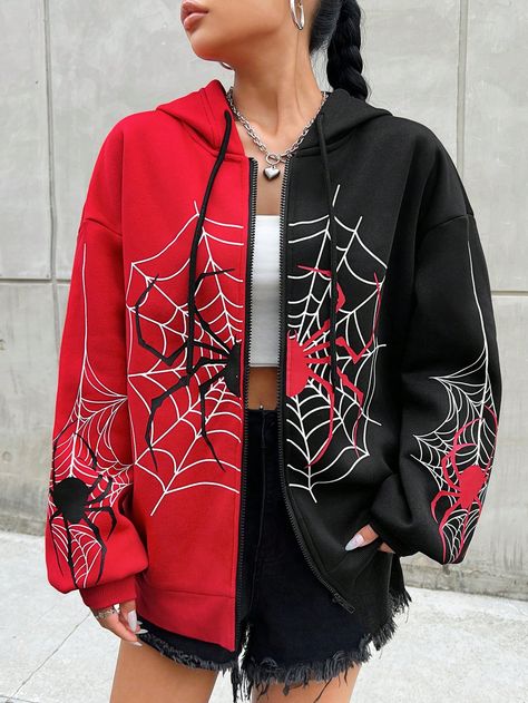 Sudadera Con Capucha Con Cordón Para Mujer Con Estampado Con Diseño De Telaraña En Contraste Multicolor Casual  manga larga Tela tejida Gráfico Cremallera Elástico Ligero  Women Clothing, size features are:Bust: ,Length: ,Sleeve Length: Spider Man Denim Jacket, Spiderman Clothing, Spiderman Inspired Outfit, Spider Man Jacket, Spider Man Hoodie, Spiderman Hoodie, Spiderman Outfit, Punk Style Outfits, Animal Geometric