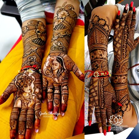 Radhe krishna in bridal mehndi Radhe Krishna Mehndi Designs, Krishna Mehndi Designs, Krishna Mehndi, Mhndi Design, Mehndi Designs Front Hand, Wedding Mehndi Designs, Dulhan Mehndi, Indian Wedding Photography Poses, Wedding Mehndi