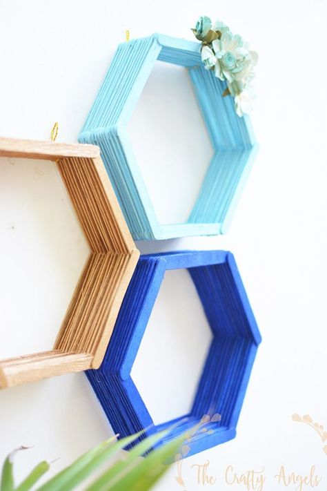 Popsicle Stick Decor, Stick Decor, Diy Hanging Shelves, Diy Popsicle, Hexagon Shelves, Diy Wand, Diy Wall Shelves, Wine Bottle Diy Crafts, Stick Crafts