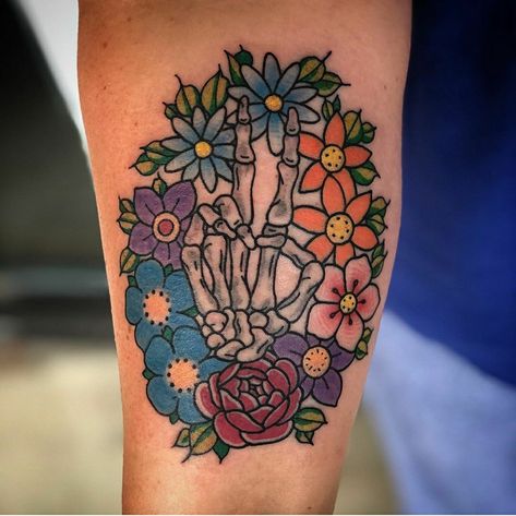 Cute skeleton peace sign surrounded by flowers. Done at Southern Cypress Tattoo in Columbia SC. Cypress Tattoo, Sign Language Tattoo, Peace Sign Tattoo, Skeleton Peace Sign, Peace Sign Tattoos, Sign Tattoo, I Love You Signs, Bone Tattoos, Skeleton Tattoos