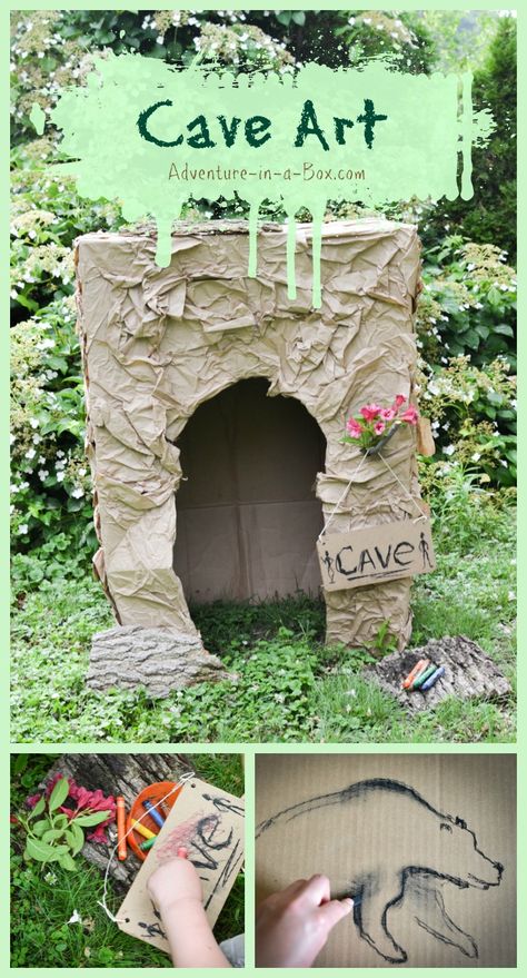 Cave Art for Kids: Build a cardboard cave, then decorate its walls! A great craft for studying cave art and prehistoric times with kids. Diy Cave, Cave Craft, Cave Quest, Hall Ways, Bear Cave, Kids Building, Cave Drawings, Arts And Crafts For Teens, Cave Art