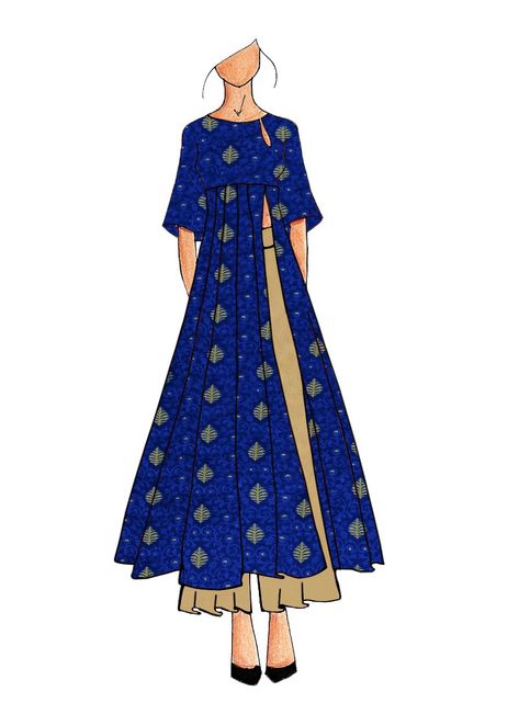 A Contemporary Royal Blue Kalis Kurthi With Palazzo Suit Projects For Women, Dress Sketch, Trendy Sewing Projects, Fashion Design Books, Fashion Figure Drawing, Fashion Illustrations Techniques, Dress Illustration, Fashion Drawings, Fashion Illustration Sketches Dresses