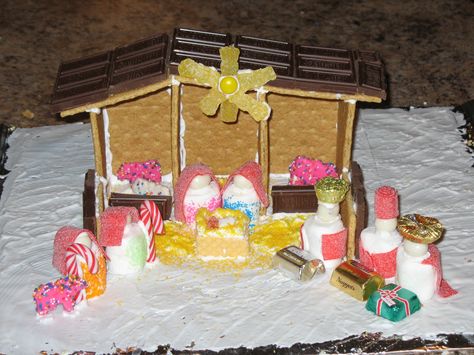 Nativity Gingerbread House, Nativity Gingerbread, Candy Nativity Scene, Gingerbread Nativity Kids, Graham Cracker Nativity Scene, Nativity Graham Cracker House, Gi Ger Bread House Ideas, Gingerbread House Parties, Gingerbread Party