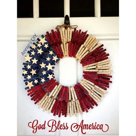 American Flag Wreath - Clothespin Wreath created by Annie Huynh Diy Door Wreaths, Clothespin Wreath, Americana Crafts, American Flag Wreath, Flag Wreath, Clothes Pin Wreath, July Ideas, Door Wreaths Diy, July Fourth