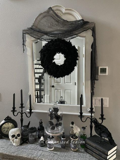 Looking for a spooky wreath for Halloween that won't scare your budget? Learn to make this hauntingly beautiful DIY Dollar Tree Wreath! Tutorial with details on how to make this inexpensive wreath with items purchased at Dollar Tree. If you can tie a knot, you can make this wreath! Save this pin and follow us for more DIY and seasonal decor projects! Diy Dollar Tree Wreath, Inexpensive Wreaths, Dollar Tree Wreath, Decoupage Pumpkins, Mansion Aesthetic, Spooky Wreath, Dollar Tree Halloween, New Paint Colors, Diy Halloween Wreath