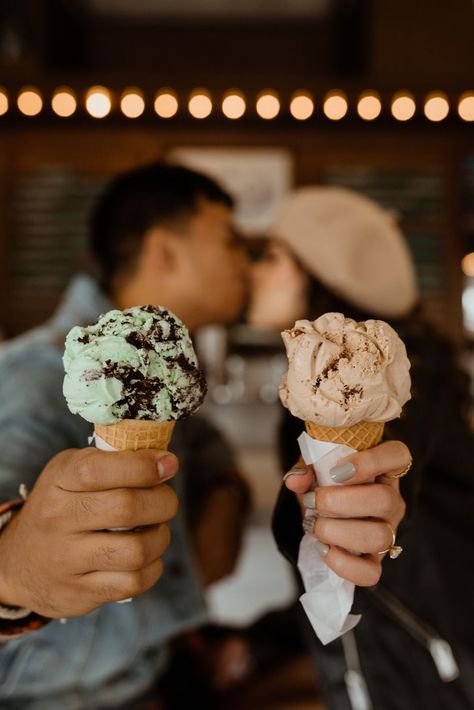 Couples Ice Cream Aesthetic, Ice Cream Date Couple Aesthetic, Couple Ice Cream Photography, Engagement Ice Cream Photos, Creative Engagement Shoot Ideas, Couple Ice Cream Pictures, Ice Cream Shop Photo Shoot Couple, Engagement Photos With Ice Cream, Ice Cream Parlor Engagement Photos