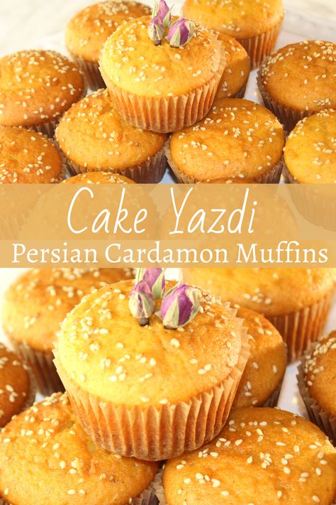 Persian Cardamom Muffins – Cake Yazdi is a traditional Iranian/Persian recipe for delicious muffins that are filled with Persian flavors. The combination of rose water and cardamom is always great. persian muffins cake yazdi yazdi cake how to bake persian cake yazdi cardamon and rosewater muffins iranian muffins persian cupcake cake yazdi rosewater muffins cardamon muffins persian cardamon muffins delicious cardamon muffins recipe cake yazdi recipe Cake Yazdi Recipe, Persian Cupcakes, Yazdi Cake, Persian Baking, Cake Yazdi, Persian Cake, Syrian Dessert, Cardamom Cupcakes, Cardamom Muffins