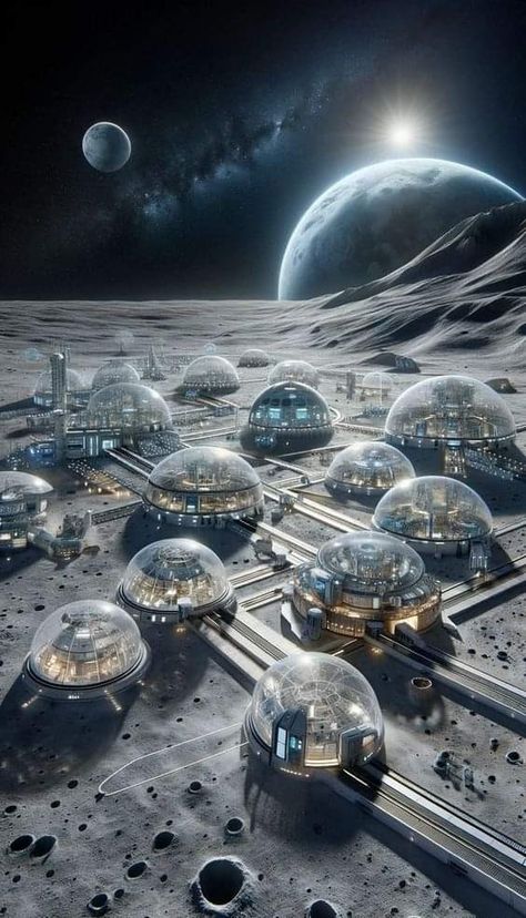 Futuristic Moon City, Futureristic Aesthetic, Space Architecture Concept, Space Exploration Aesthetic, Future City Art, Futuristic City Concept Art, Future City Concept, City On The Moon, City In Space