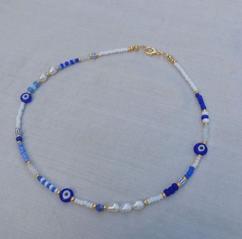 Evil Eye Necklace Ideas, Evil Eye Necklace Beaded, Evil Eye Beaded Necklace, Blue Eye Necklace, Evil Eye Jewellery, Eyes Necklace, Evil Eye Choker, Beaded Necklace Blue, Necklace Evil Eye