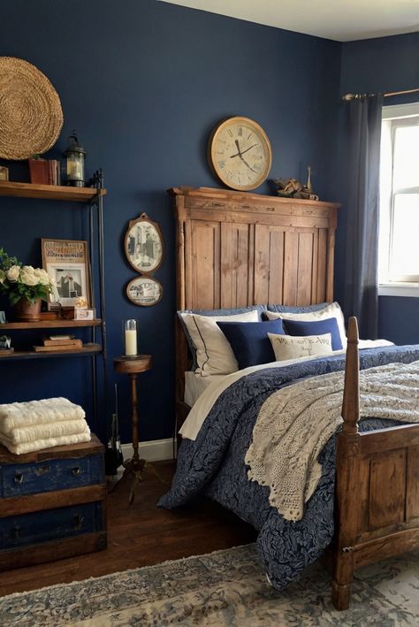 home interior design, decorating interiors, interior bedroom design, living room interior Brown And Blue Room Decor Bedroom, Blue Vintage Room, Vintage Blue Bedroom, English Style Bedroom, Dark Blue Room, Vintage Room Aesthetic, Americana Bedroom, English Bedroom, Blue And Cream Bedroom