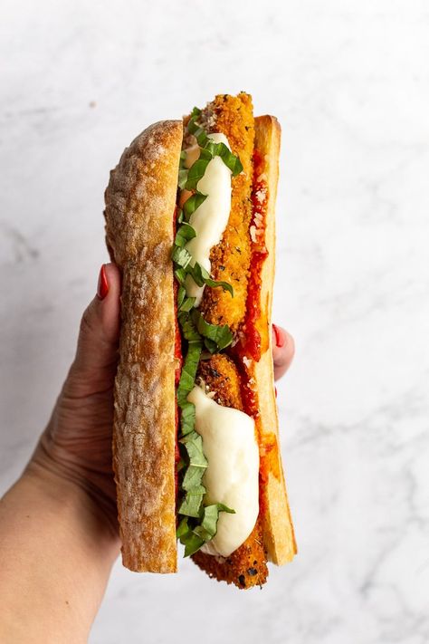 Tofu Parm Sandwich, Chili Crunch Tofu, Savory Breakfast Ideas Vegetarian, Tofu Italian Recipes, Vegeterian Ideas Easy Recipes Lunch, Fried Tofu Sandwich, Crispy Tofu Sandwich, Vegan Junk Food Recipes, Vegetarian Snacks On The Go