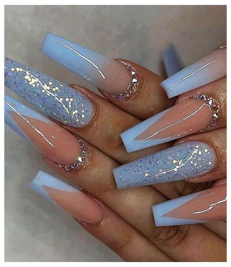 Nails Acrylic Silver, Pastel Blue Nails, Everything Wedding, Blue Prom Nails, Nails Acrylic Black, Quince Nails, Nails Acrylic Short, Quinceanera Nails, Blue Ombre Nails