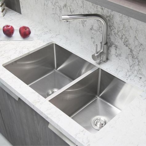 PREMIUM MATERIAL: Made of Premium 16 gauge SUS-304 stainless steel with 18% chromium and 10% nickel content which provides excellent strength and hardness. QUIET SINK: This undermount double basin kitchen sink comes with heavy-duty rubber sound deadening pads to the underside of the sink which results in a significant reduction in sound. DEEP BASINS: The basins in this kitchen sink are rectangular and 10-in deep, offering a modern, linear style. The deep basin in the sink provides space for dish Under Mount Kitchen Sink, Double Basin Kitchen Sink, Stainless Steel Kitchen Faucet, Kitchen Sink Stainless Steel, Steel Kitchen Sink, Single Handle Kitchen Faucet, Double Basin, Undermount Kitchen Sinks, Stainless Steel Kitchen Sink