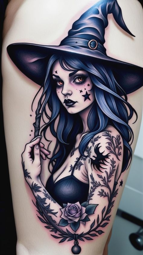 Gothic Witch Tattoo Designs, Halloween Tattoo Witch, Mystic Tattoo Designs, Eerie Tattoos, Witch Tattoo Ideas, Halloween Flash Tattoo, Witch Tattoos, Witchy Tattoos, Magical Aesthetic