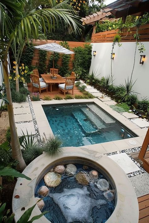 Small Garden With Small Pool, Micro Pool Backyard, Small Gardens With Pool, Small House Pool, Small Pool Design For Small Yards, Small Backyard Ideas With Pool, Pool Porch Ideas, Small Backyard Pool Landscaping, Beach Backyard Ideas