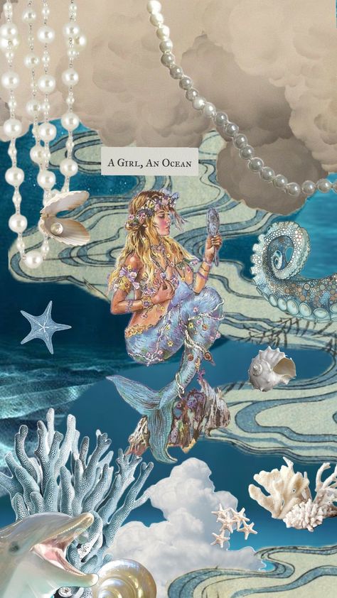 Ocean Theme Mood Board, Under The Sea Collage, Under The Sea Mood Board, Nereid Aesthetic, Brandy Rose, Mermaid Collage, Environmental Posters, Beach Wall Collage, Rose Music