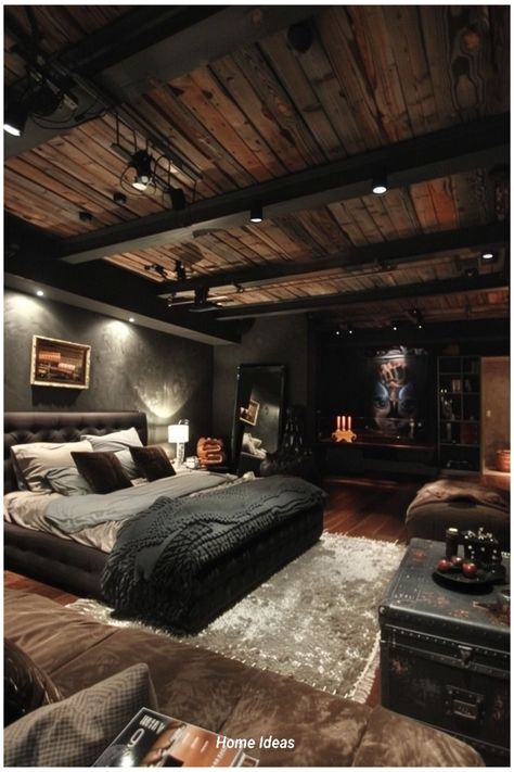 Dark Home Aesthetic Living Room, Industrial Interior Design Bedroom, Male Bedroom Ideas, Industrial Style Bedroom, Mens Bedroom Decor, Loft House Design, Luxury Room Bedroom, Rustic Aesthetic, Industrial Bedroom